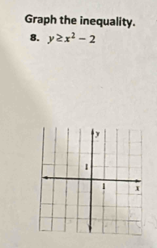 Graph the inequality. 
8. y≥ x^2-2