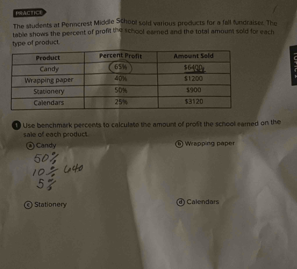 PRACTICE
The students at Penncrest Middle School sold various products for a fall fundraiser. The
table shows the percent of profit the school earned and the total amount sold for each
type of product.
a
1 Use benchmark percents to calculate the amount of profit the school earned on the
sale of each product.
Candy Wrapping paper
Stationery d) Calendars