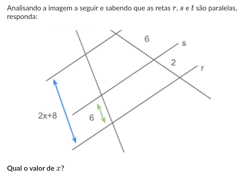 Analisando a imagem a seguir e sabendo que as retas r, § e  são paralelas,
responda:
Qual o valor de x?