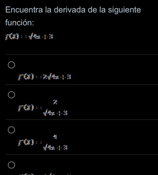 Encuentra la derivada de la siguiente
función:
f^*(x): :
f'(x)::2x^3f4::2·  1/1 · 38
f(x): 1/2 )
f^-(x) :