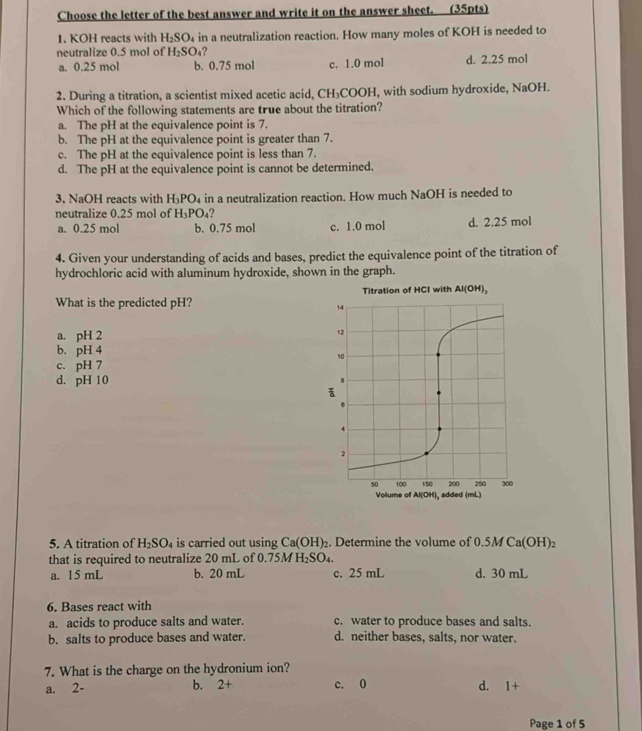 Choose the letter of the best answer and write it on the answer sheet. (35pts)
1. KOH reacts with H_2SO_4 4 in a neutralization reaction. How many moles of KOH is needed to
neutralize 0.5 mol of H_2SO_4 2
a. 0.25 mol b. 0.75 mol c. 1.0 mol d. 2.25 mol
2. During a titration, a scientist mixed acetic acid, CH₃COOH, with sodium hydroxide, NaOH.
Which of the following statements are true about the titration?
a. The pH at the equivalence point is 7.
b. The pH at the equivalence point is greater than 7.
c. The pH at the equivalence point is less than 7.
d. The pH at the equivalence point is cannot be determined.
3. NaOH reacts with H_3PO_4 in a neutralization reaction. How much NaOH is needed to
neutralize 0.25 mol of H_3PO_4 ?
a. 0.25 mol b. 0.75 mol c. 1.0 mol d. 2.25 mol
4. Given your understanding of acids and bases, predict the equivalence point of the titration of
hydrochloric acid with aluminum hydroxide, shown in the graph.
What is the predicted pH?
a. pH 2
b. pH 4
c. pH 7
d. pH 10
5. A titration of H_2SO_4 is carried out using Ca(OH)_2. Determine the volume of 0.5MCa(OH)_2
that is required to neutralize 20 mL of 0.75M H_2SO_4.
a. 15 mL b. 20 mL c. 25 mL d. 30 mL
6. Bases react with
a. acids to produce salts and water. c. water to produce bases and salts.
b. salts to produce bases and water. d. neither bases, salts, nor water.
7. What is the charge on the hydronium ion?
a. 2- b. 2+ c. 0 d. 1+
Page 1 of 5