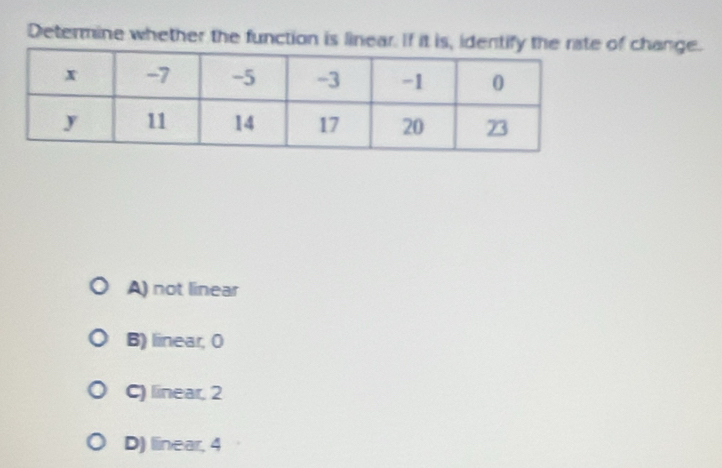 Determine whether the function is linear. If it is, identifyof change.
A) not linear
B) linear, 0
C) linear, 2
D) linear, 4