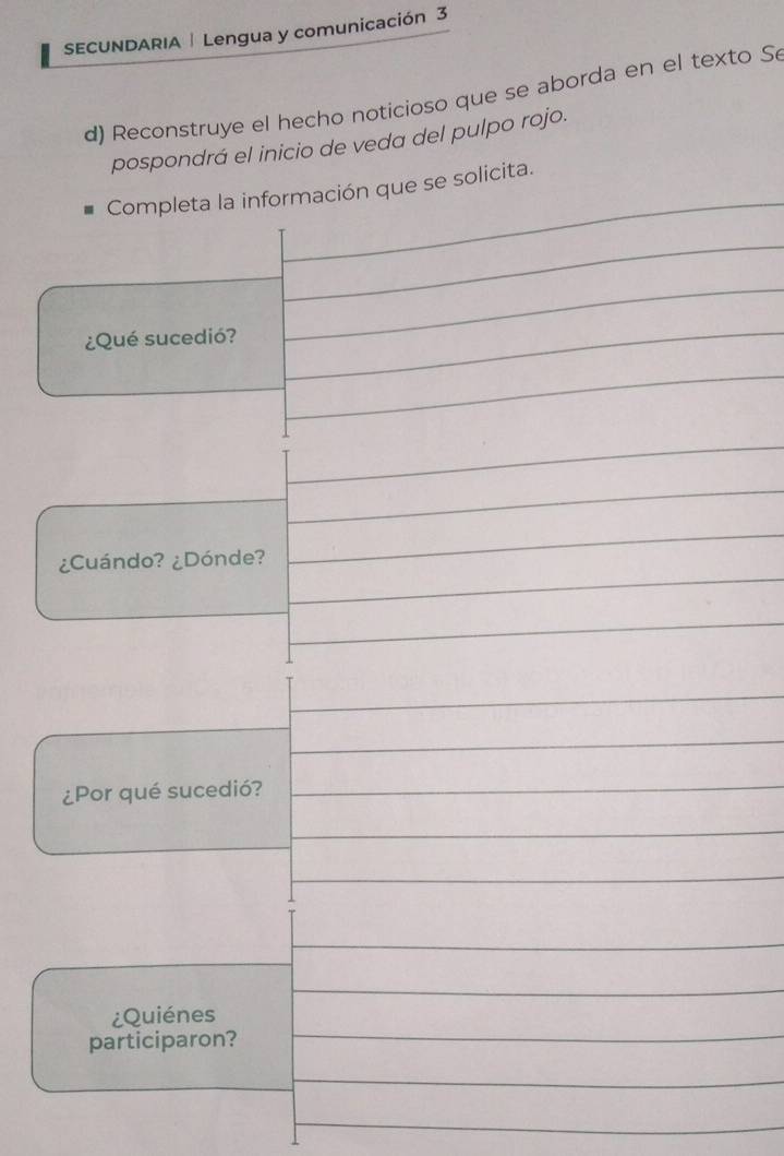 SECUNDARIA │ Lengua y comunicación 3 
d) Reconstruye el hecho noticioso que se aborda en el texto Sé 
pospondrá el inicio de veda del pulpo rojo. 
e solicita.