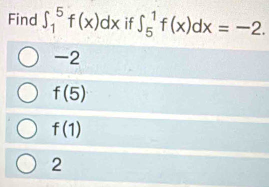 Find ∈t _1^5f(x)dx if ∈t _5^1f(x)dx=-2.
-2
f(5)
f(1)
2