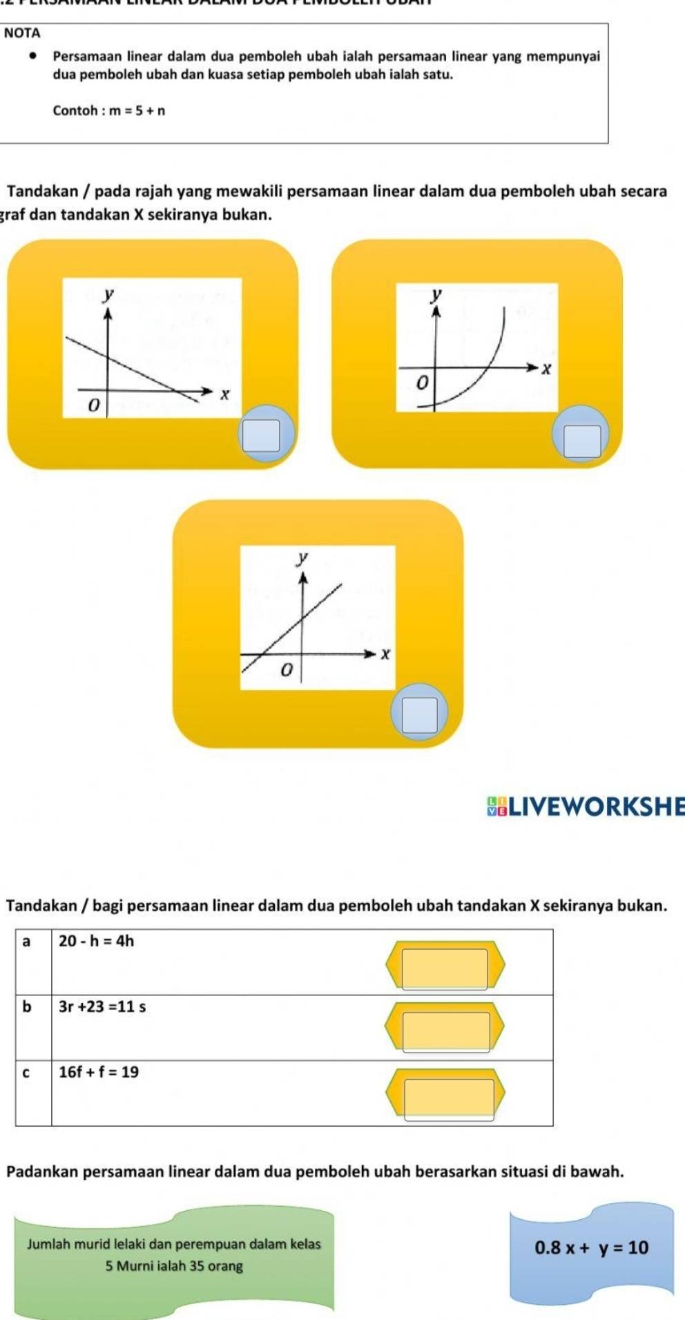 NOTA
Persamaan linear dalam dua pemboleh ubah ialah persamaan linear yang mempunyai
dua pemboleh ubah dan kuasa setiap pemboleh ubah ialah satu.
Contoh : m=5+n
Tandakan / pada rajah yang mewakili persamaan linear dalam dua pemboleh ubah secara
graf dan tandakan X sekiranya bukan.
HLIVEWORKSHE
Tandakan / bagi persamaan linear dalam dua pemboleh ubah tandakan X sekiranya bukan.
Padankan persamaan linear dalam dua pemboleh ubah berasarkan situasi di bawah.
0.8x+y=10