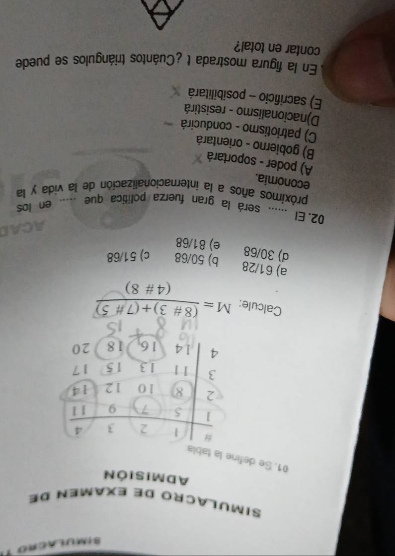 simulacro 
Simulaçro de examén de
ADMISIóN
01. Se define la tabla
Calcule: M= ((8# 3)+(7!= 5))/(4# 8) 
a) 61/28 b) 50/68 c) 51/68
d) 30/68 e) 81/68
02. El ...... será la gran fuerza política que ..... en los
próximos años a la internacionalización de la vida y la
economia.
A) poder - soportará
B) gobierno - orientará
C) patriotismo - conducirá
D)nacionalismo - resistirá
E) sacrificio - posibilitará
En la figura mostrada t ¿Cuántos triángulos se puede
contar en total?