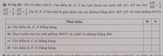 Ví dụ 20. Cho tứ diện ABCD. Các điểm M, N, P lần lượt thuộc các cạnh AB, AC, AD sao cho:  AM/AB = 1/3 ,
 AN/AC = 2/3 ,  AP/AD = 1/2 . Gọi E, F, G lần lượt là giao diểm của các dường thẳng MN, MP, NP với mặt phẳng (BCD).