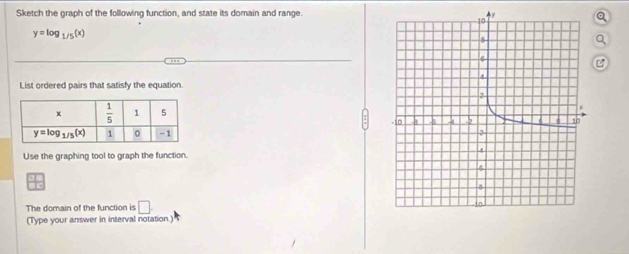 Sketch the graph of the following function, and state its domain and range.
a
y=log _1/5(x)
a
List ordered pairs that satisfy the equation.
 
 
Use the graphing tool to graph the function.
The domain of the function is □ .
(Type your answer in interval notation.)