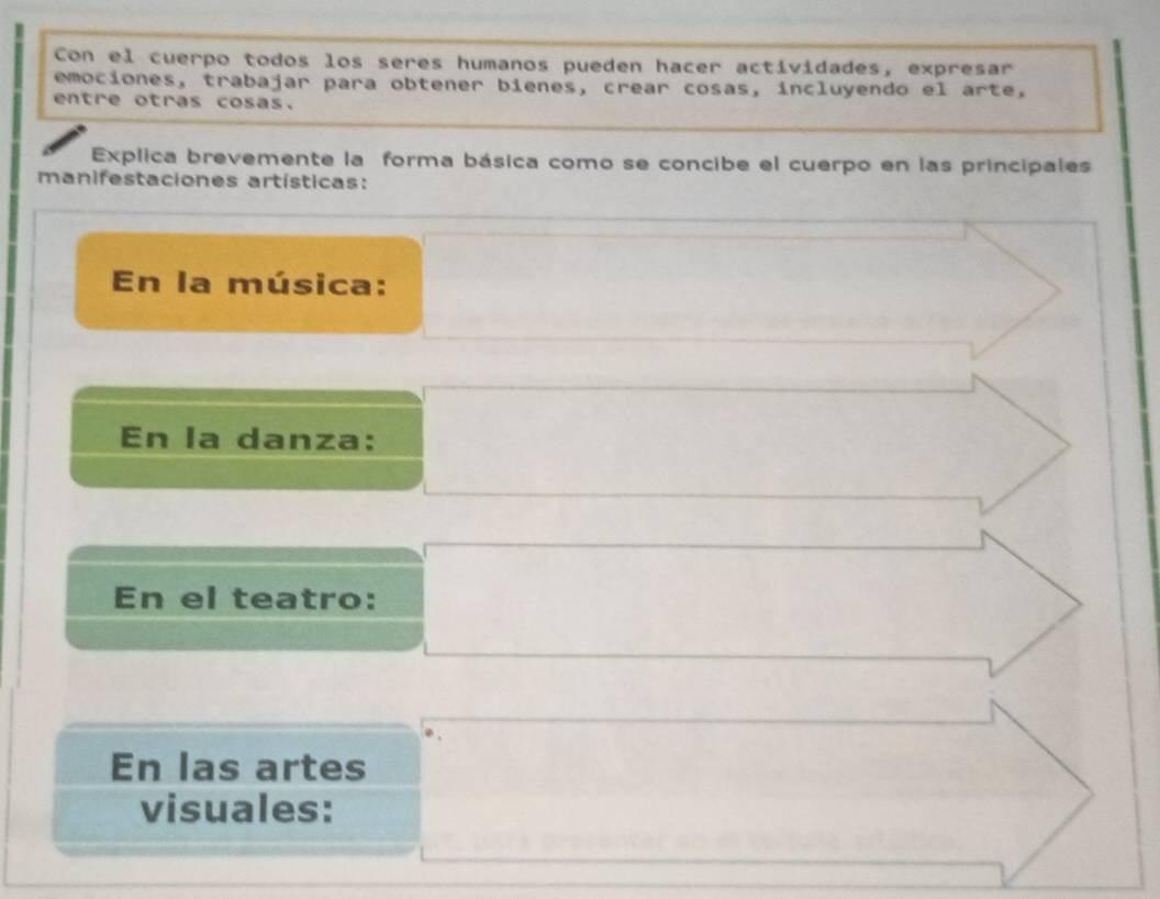 Con el cuerpo todos los seres humanos pueden hacer actividades, expresar 
emociones, trabajar para obtener bienes, crear cosas, incluyendo el arte, 
entre otras cosas. 
Explica brevemente la forma básica como se concibe el cuerpo en las principales 
manifestaciones artísticas: 
En la música: 
En la danza: 
En el teatro: 
En las artes 
visuales: