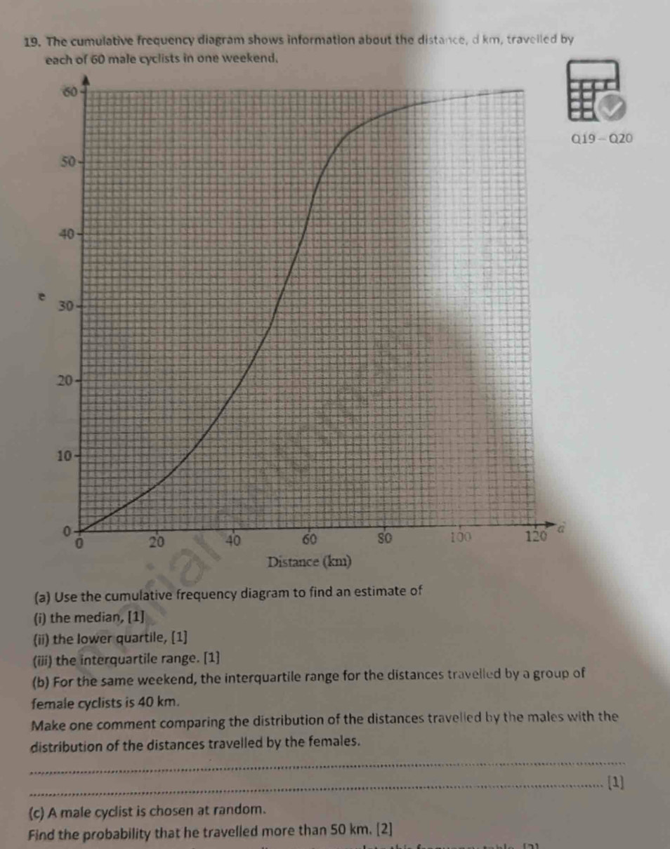 The cumulative frequency diagram shows information about the distance, d km, traveiled by 
each of 60 male cyclists in one weekend. 
9 - Q20 
(a) Use the cumulative frequency diagram to find an estimate of 
(i) the median, [1] 
(ii) the lower quartile, [1] 
(iii) the interquartile range. [1] 
(b) For the same weekend, the interquartile range for the distances travelled by a group of 
female cyclists is 40 km. 
Make one comment comparing the distribution of the distances travelled by the males with the 
distribution of the distances travelled by the females. 
_ 
_[1] 
(c) A male cyclist is chosen at random. 
Find the probability that he travelled more than 50 km. [2]