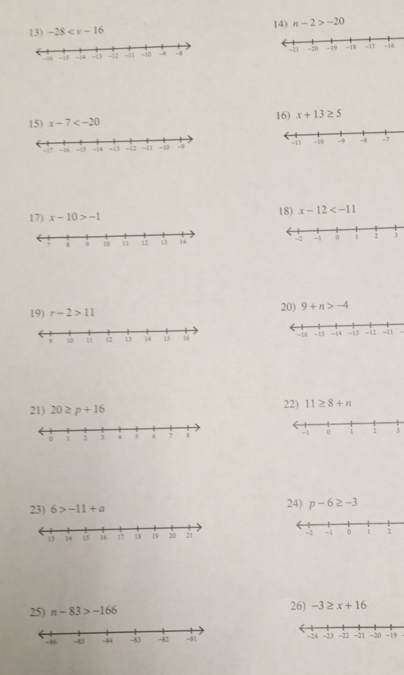 -28 14) n-2>-20
16) x+13≥ 5
15) x-7

17) x-10>-1 18) x-12

19) r-2>11 20) 9+n>-4
- 
21) 20≥ p+16 22) 11≥ 8+n

23) 6>-11+a 24) p-6≥ -3

25) n-83>-166 26) -3≥ x+16