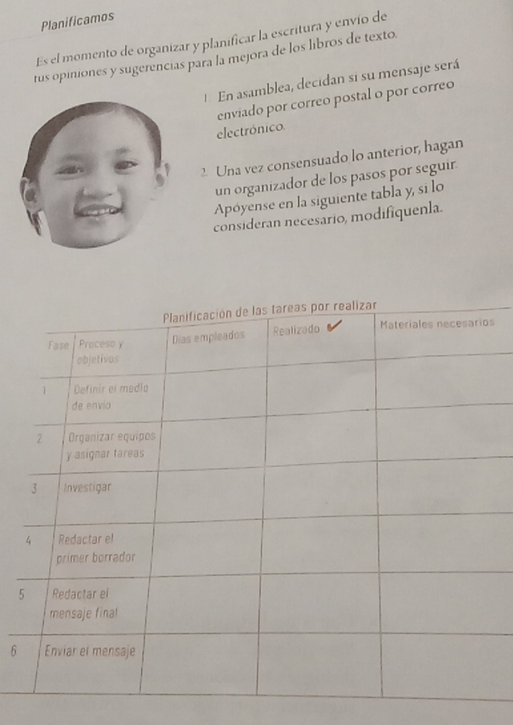 Planificamos 
Es el momento de organizar y planificar la escritura y envío de 
tus opiniones y sugerencias para la mejora de los libros de texto. 
En asamblea, decidan si su mensaje será 
enviado por correo postal o por correo 
electrónico. 
2 Una vez consensuado lo anterior, hagan 
un organizador de los pasos por seguir. 
Apóyense en la siguiente tabla y, si lo 
consideran necesario, modifiquenla. 
s 
5 
6