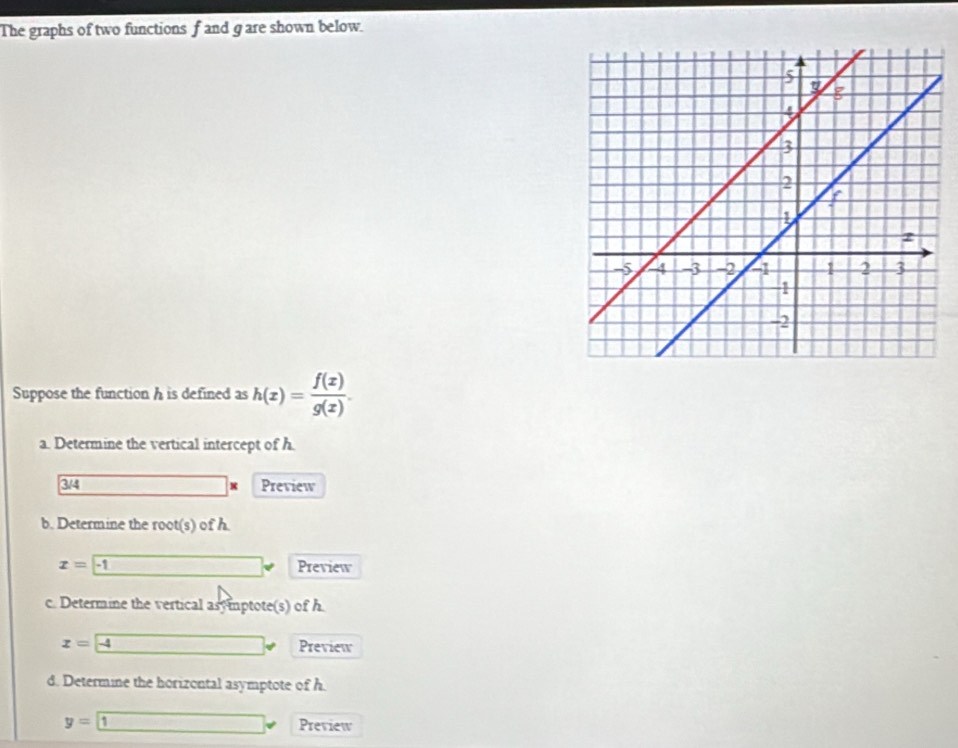 The graphs of two functions f and g are shown below. 
Suppose the function h is defined as h(x)= f(x)/g(x) . 
a. Determine the vertical intercept of h.
3/4 Preview 
b. Determine the root(s) of h
x=-1 □ Preview 
c. Determine the vertical asy mptote(s) of h.
z= -4 Preview 
d. Determine the horizontal asymptote of h.
y=1 Preview