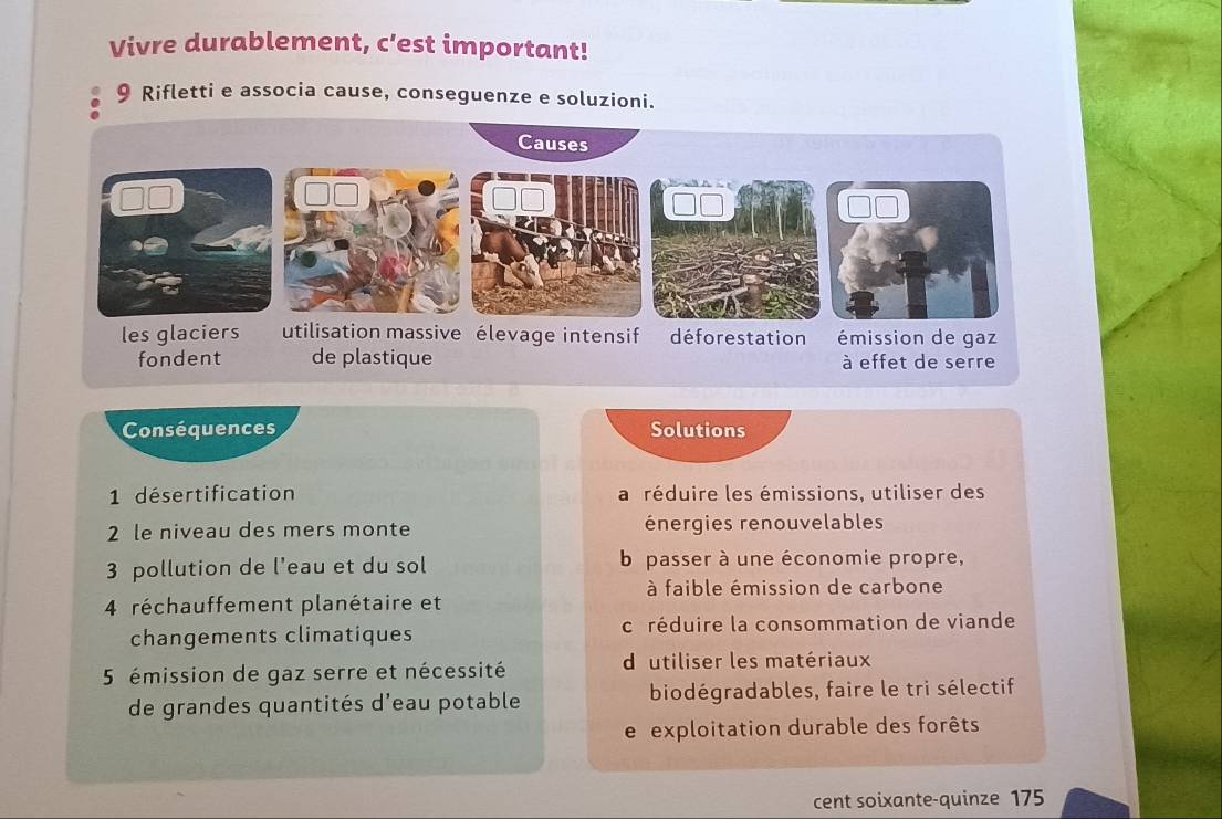 Vivre durablement, c'est important!
9 Rifletti e associa cause, conseguenze e soluzioni.
fondent de plastique à effet de serre
Conséquences Solutions
1 désertification a réduire les émissions, utiliser des
2 le niveau des mers monte énergies renouvelables
3 pollution de l'eau et du sol b passer à une économie propre,
à faible émission de carbone
4 réchauffement planétaire et
changements climatiques créduire la consommation de viande
5 émission de gaz serre et nécessité
d' utiliser les matériaux
de grandes quantités d'eau potable biodégradables, faire le tri sélectif
e exploitation durable des forêts
cent soixante-quinze 175