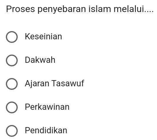 Proses penyebaran islam melalui....
Keseinian
Dakwah
Ajaran Tasawuf
Perkawinan
Pendidikan