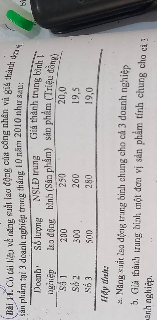 Có tài liệu về năng suất lao động của công nhân và giá thành đơn vị. 
sản phẩm tại 3 doanh nghiệp trong tháng 10 năm 2010 như sau: 
bì 
Hãy tính: 
a. Năng suất lao động trung bình chung cho cả 3 doanh nghiệp 
b. Giá thành trung bình một đơn vị sản phẩm tính chung cho cả 3
banh nghiệp.