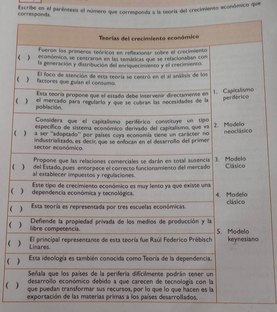 Escribe en el paréntesis el número que corresponda a la teoría del crecimiento económico que 
corresponda. 
( 
( 
( 
( 
( 
( 
exportación de las materias primas a los países desarrollados.