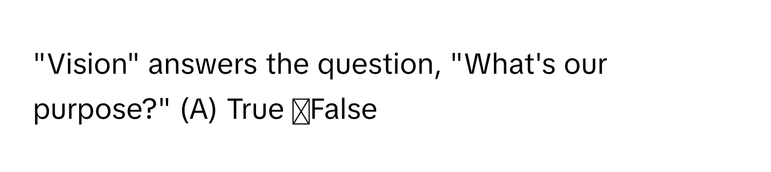 "Vision" answers the question, "What's our purpose?" (A) True ◻False