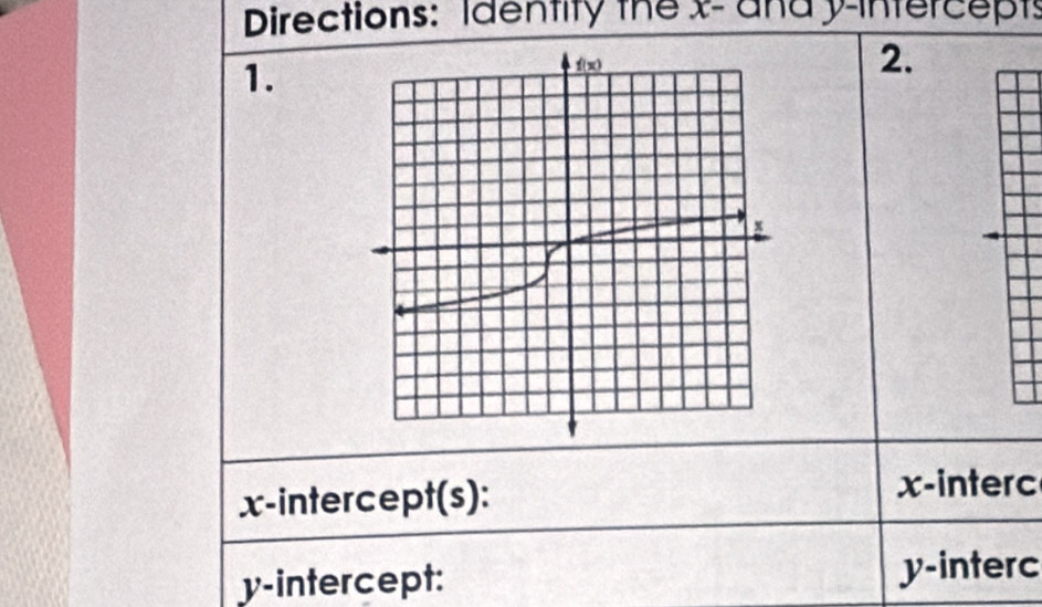 Directions: Identity the x- and y-intercepts
1.
2.
x-intercept(s):
x-interc
y-intercept: y-interc