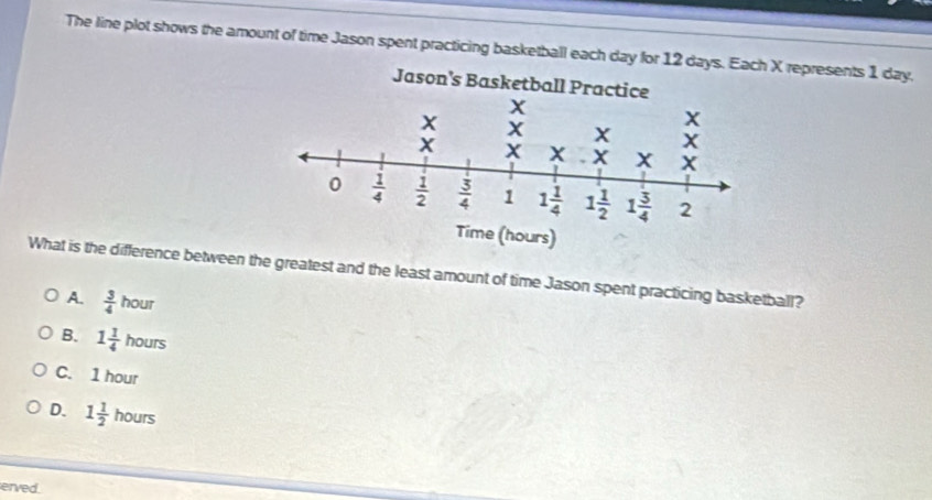 The line plot shows the amount of time Jason spent practicing basketball each day for 12 days. Eac X represents 1 day.
What is the difference between the greatest and the least amount of time Jason spent practicing basketball?
A.  3/4 hour
B. 1 1/4 hours
C. 1 hour
D. 1 1/2 hours
erved.