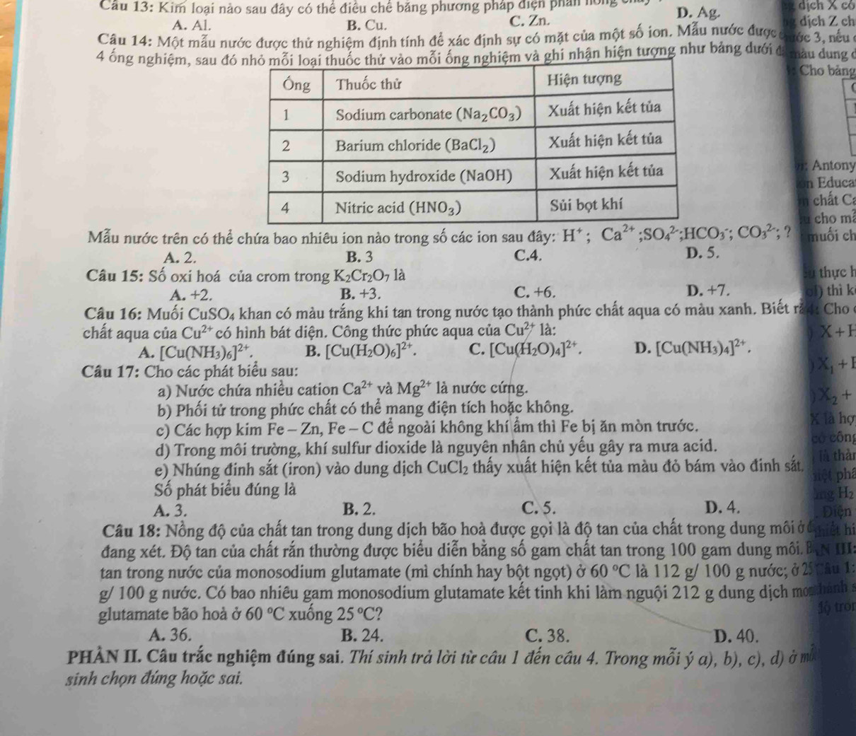 Cầu 13: Kim loại nào sau đây có thể điều chế băng phương pháp điện phân hóng c D. Ag.     ị c X  có
A. Al. B. Cu. C. Zn. ng dịch Z ch
Câu 14: Một mẫu nước được thử nghiệm định tính để xác định sự có mặt của một số ion. Mẫu nước đượcc ước 3, nếu
4 ống nghiệm, sau đónhận hiện tượng như bảng dưới đá màu dung ở
*: Cho bảng
Antony
on Educa
chất C
u cho m
Mẫu nước trên có thể chứa bao nhiêu ion nào trong số các ion sau đây: H^+;Ca^(2+);SO_4^(2;HCO_3);CO_3^((2-); ? muối ch
A. 2. B. 3 C.4. D. 5.
Câu 15: Số oxi hoá của crom trong K_2)Cr_2O_7la su thực h
A. +2. B. +3. C. +6. D. +7. ol) thì k
Câu 16: Muối CuSO_4 khan có màu trắng khi tan trong nước tạo thành phức chất aqua có màu xanh. Biết rảc : Cho ở
chất aqua của Cu^(2+) có hình bát diện. Công thức phức aqua của Cu^(2+) là: X+I
A. [Cu(NH_3)_6]^2+. B. [Cu(H_2O)_6]^2+. C. [Cu(H_2O)_4]^2+. D. [Cu(NH_3)_4]^2+.
Câu 17: Cho các phát biểu sau:
) X_1+I
a) Nước chứa nhiều cation Ca^(2+) và Mg^(2+) là nước cứng.
X_2+
b) Phối tử trong phức chất có thể mang điện tích hoặc không. X là hợ
c) Các hợp kim Fe - Zn, Fe - C để ngoài không khí ẩm thì Fe bị ăn mòn trước.
d) Trong môi trường, khí sulfur dioxide là nguyên nhân chủ yếu gây ra mưa acid. có công
e) Nhúng đinh sắt (iron) vào dung dịch CuCl_2 thấy xuất hiện kết tủa màu đỏ bám vào đinh sắt, là thà
Số phát biểu đúng là nệt phâ
mng H2
A. 3. B. 2. C. 5. D. 4. Điện
Câu 18: Nồng độ của chất tan trong dung dịch bão hoà được gọi là độ tan của chất trong dung môi ở miết hi
đang xét. Độ tan của chất rắn thường được biểu diễn bằng số gam chất tan trong 100 gam dung môi. BN III:
tan trong nước của monosodium glutamate (mì chính hay bột ngọt) ở 60°C là 112 g/ 100 g nước; ở 25 Câu 1:
g/ 100 g nước. Có bao nhiêu gam monosodium glutamate kết tinh khi làm nguội 212 g dung dịch monhành s
glutamate bão hoà ở 60°C xuống 25°C
1ộ tro
A. 36. B. 24. C. 38. D. 40.
PHÀN II. Câu trắc nghiệm đúng sai. Thí sinh trả lời từ câu 1 đến cầu 4. Trong mỗi ý a), b), c), d) ở mù
sinh chọn đứng hoặc sai.