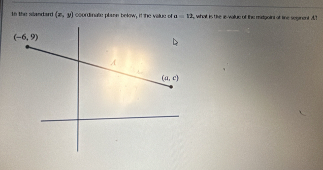 In the standard (x,y) coordinate plane below, if the value of a=12 , what is the z-value of the midpoint of line segment A?