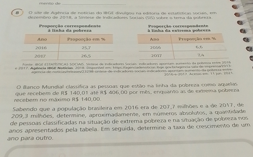 mento de_ 
8 O site de Agência de notícias do IBGE divulgou na editoria de estatísticas sociais, em 
dezembro de 2018, a Síntese de Indicadores Sociais (SIS) sobre o tema da pobreza. 
Proporção correspondente Proporção correspondente 
à linha da pobreza à linha da extrema pobreza 

Fonte: IBGE ESTATÍSTICAS SOCIAIS. Síntese de Indicadores Sociais: indicadores apontam aumento da pobreza entre 2016 
e 2017. Agência IBGE Notícias. 2018. Disponível em: https://agenciadenoticias.ibge.gov.br/agencia-sala-de-imprensa/2013- 
agencia-de-noticias/releases/23298-sintese-de-indicadores-sociais-indicadores-apontam-aumento-da-pobreza-entre- 
2016-e-2017. Acesso em: 11 jun. 2021. 
O Banco Mundial classifica as pessoas que estão na linha da pobreza como aquelas 
que recebem de R$ 140,01 até R$ 406,00 por mês, enquanto as de extrema pobreza 
recebem no máximo R$ 140,00. 
Sabendo que a população brasileira em 2016 era de 207,7 milhões e a de 2017, de
209,3 milhões, determine, aproximadamente, em números absolutos, a quantidade 
de pessoas classificadas na situação de extrema pobreza e na situação de pobreza nos 
anos apresentados pela tabela. Em seguida, determine a taxa de crescimento de um 
ano para outro.