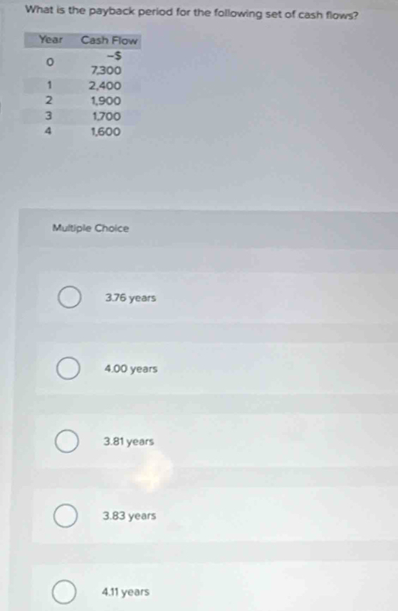 What is the payback period for the following set of cash flows?
Multiple Choice
3.76 years
4,00 years
3.81 years
3.83 years
4.11 years