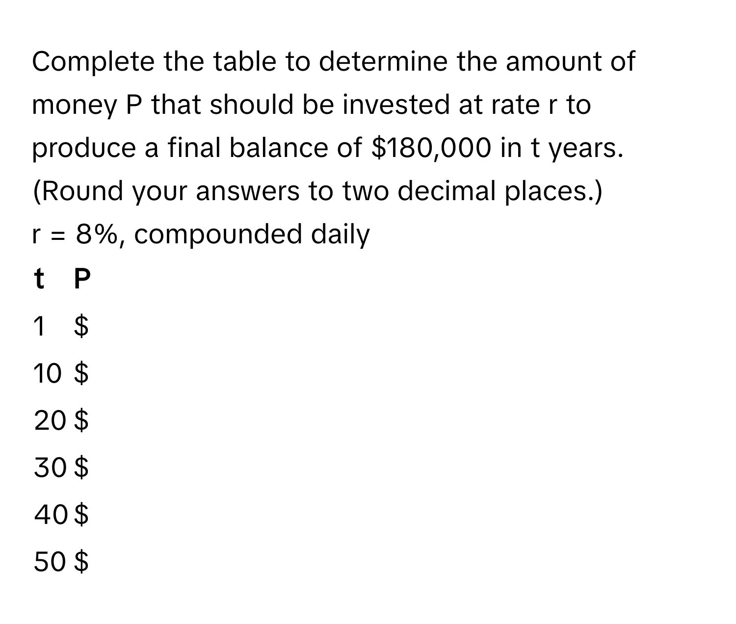 Complete the table to determine the amount of money P that should be invested at rate r to produce a final balance of $180,000 in t years. (Round your answers to two decimal places.)

r = 8%, compounded daily

t | P
------- | --------
1 | $ 
10 | $ 
20 | $ 
30 | $ 
40 | $ 
50 | $