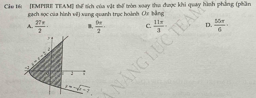 [EMPIRE TEAM] thể tích của vật thể tròn xoay thu được khi quay hình phẳng (phần
gạch sọc của hình vẽ) xung quanh trục hoành Ox bằng
A.  27π /2 ·  9π /2 ·  11π /3 ·  55π /6 ·
B.
C.
D.