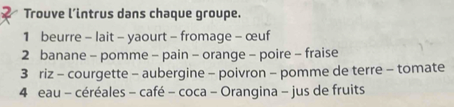 Trouve l’intrus dans chaque groupe. 
1 beurre - lait - yaourt - fromage - œuf 
2 banane - pomme - pain - orange - poire - fraise 
3 riz - courgette - aubergine - poivron - pomme de terre - tomate 
4 eau - céréales - café - coca - Orangina - jus de fruits