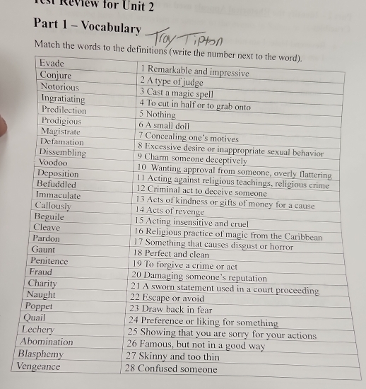 est Review for Unit 2 
Part 1 - Vocabulary 
Match