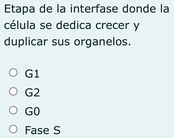 Etapa de la interfase donde la
célula se dedica crecer y
duplicar sus organelos.
G1
G2
G0
Fase S