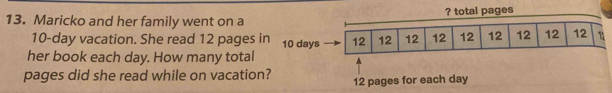 Maricko and her family went on a? total pages
10-day vacation. She read 12 pages in 10 days
her book each day. How many total 
pages did she read while on vacation? 12 pages for each day