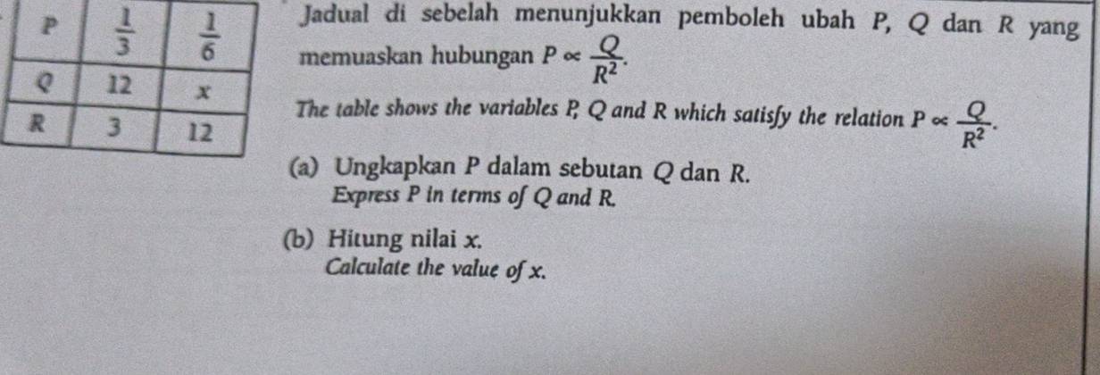 Jadual di sebelah menunjukkan pemboleh ubah P, Q dan R yang
memuaskan hubungan P∝  Q/R^2 .
The table shows the variables P Q and R which satisfy the relation P∝  Q/R^2 .
a) Ungkapkan P dalam sebutan Q dan R.
Express P in terms of Q and R.
(b) Hitung nilai x.
Calculate the value of x.