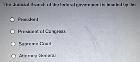 The Judicial Branch of the federal government is headed by the
President
President of Congress
Supreme Court
Attorney General