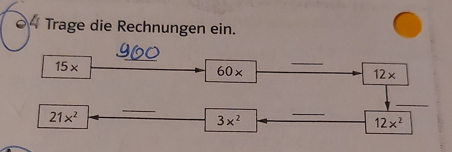 Trage die Rechnungen ein.
15*
_ 
_
60x 12*
21x^2
_ 
_
3x^2
_
12x^2