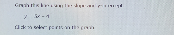 Graph this line using the slope and y-intercept:
y=5x-4
Click to select points on the graph.