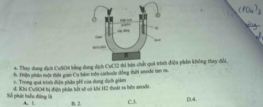 a. Thay dung dịch CuSO4 bằng dung dịchđiện phân không thay đổi,
b. Điện phân một thời gian Cu bám trên cathode đồng thời anode tan ra.
c. Trong quá trình điện phân pH của dung dịch giảm
d. Khi CuSO4 bị điện phân hết sẽ có khí H2 thoát ra bên anode.
Số phát biểu đủng là D. 4.
A. 1. B. 2. C. 3 、