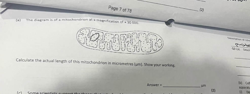 Page 7 of 78 (2) 
(a) The diagram is of a mitochondrion at a magnification of x 30 000. 
Description of role 
Q7.(a) Desc 
_ 
Calculate the actual length of this mitochondrion in micrometres (μm). Show your working. 
_ 
_ 
(b) Cell 
Answer = _μm apparat 
c) Somo scie n t i s ts e 
(2) (i) De