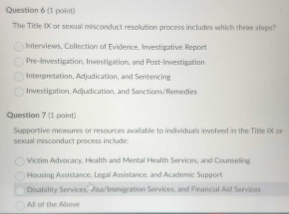 Solved: The Title IX or sexual misconduct resolution process includes ...