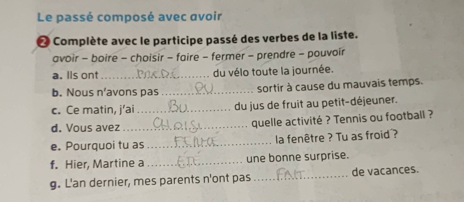 Le passé composé avec avoir 
* Complète avec le participe passé des verbes de la liste. 
avoir - boire - choisir - faire - fermer - prendre - pouvoir 
a. Ils ont_ 
du vélo toute la journée. 
b. Nous n’avons pas_ 
sortir à cause du mauvais temps. 
c. Ce matin, j’ai_ 
du jus de fruit au petit-déjeuner. 
d. Vous avez_ 
quelle activité ? Tennis ou football ? 
e. Pourquoi tu as _ la fenêtre ? Tu as froid ? 
f. Hier, Martine a_ une bonne surprise. 
g. L'an dernier, mes parents n'ont pas _de vacances.