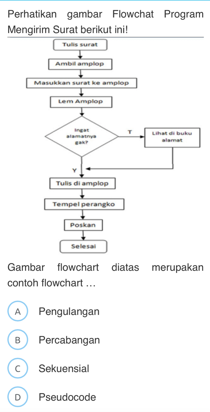 Perhatikan gambar Flowchat Program
Mengirim Surat berikut ini!
Gambar flowchart diatas merupakan
contoh flowchart ...
A Pengulangan
B Percabangan
C Sekuensial
D Pseudocode