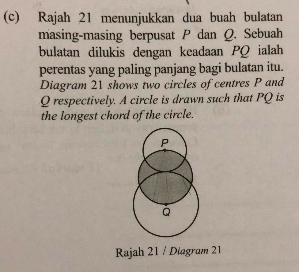 Rajah 21 menunjukkan dua buah bulatan 
masing-masing berpusat P dan Q. Sebuah 
bulatan dilukis dengan keadaan PQ ialah 
perentas yang paling panjang bagi bulatan itu. 
Diagram 21 shows two circles of centres P and
Q respectively. A circle is drawn such that PQ is 
the longest chord of the circle. 
Rajah 21 / Diagram 21