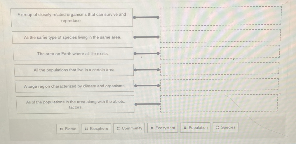 A group of closely related organisms that can survive and
reproduce.
All the same type of species living in the same area.
The area on Earth where all life exists.
All the populations that live in a certain area
A large region characterized by climate and organisms.
All of the populations in the area along with the abiotic
factors
# Biome :: Biosphere :: Community :: Ecosystem :: Population :: Species