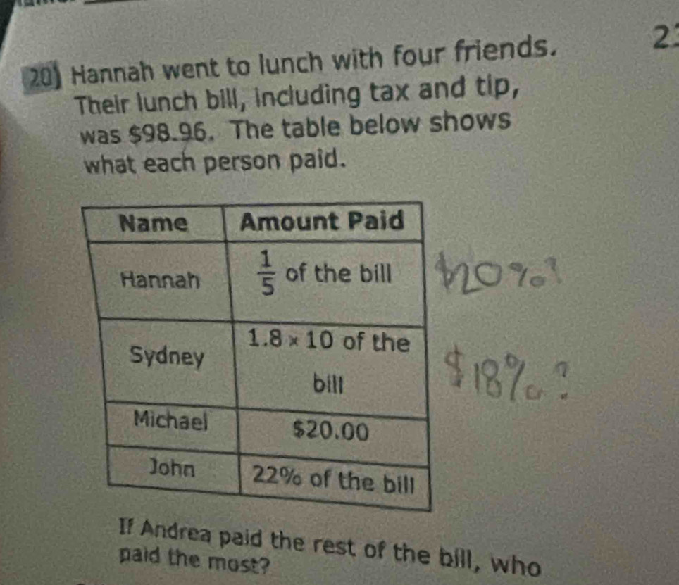 Hannah went to lunch with four friends.
2
Their lunch bill, including tax and tip,
was $98.96. The table below shows
what each person paid.
If Andrea paid the rest of the bill, who
paid the most?