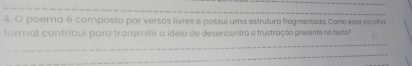 poema é composto por versos livres e possui uma estrutura fragmentada. Como essa escolha 
formal contribui para transmitir a ideia de desencontro e frustração presente no texto? 
_ 
_