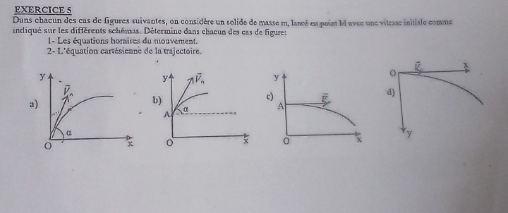 Dans chacun des cas de figures suivantes, on considère un solide de masse m, lancé en point M avec une vitease initiale comme
indiqué sur les différents schémas. Détermine dans chacun des cas de figure:
1- Les équations horaires du mouvement.
2- L'équation cartésienne de la trajectoire.