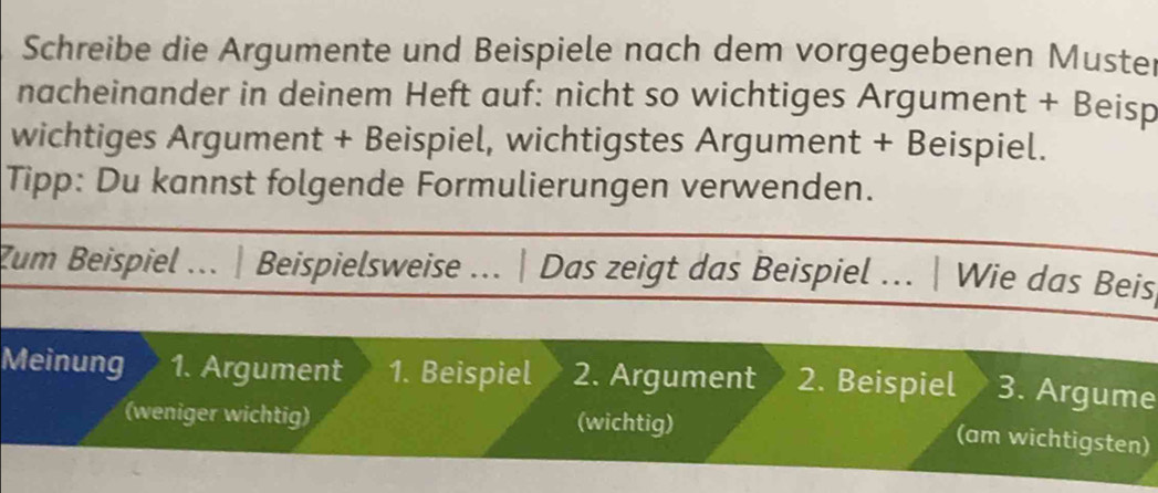 Schreibe die Argumente und Beispiele nach dem vorgegebenen Muster 
nacheinander in deinem Heft auf: nicht so wichtiges Argument + Beisp 
wichtiges Argument + Beispiel, wichtigstes Argument + Beispiel. 
Tipp: Du kannst folgende Formulierungen verwenden. 
Zum Beispiel ... | Beispielsweise ... | Das zeigt das Beispiel ... | Wie das Beis 
Meinung 1. Argument 1. Beispiel 2. Argument 2. Beispiel 3. Argume 
(weniger wichtig) (wichtig) 
(am wichtigsten)