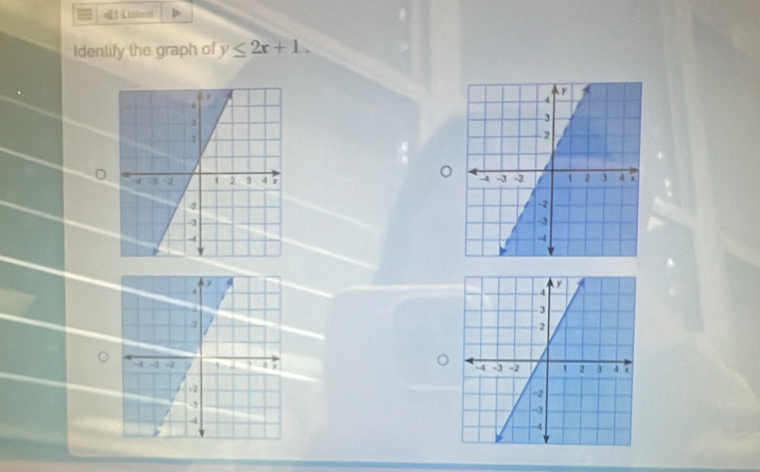 (1. L hcnon 
Identify the graph of y≤ 2x+1.